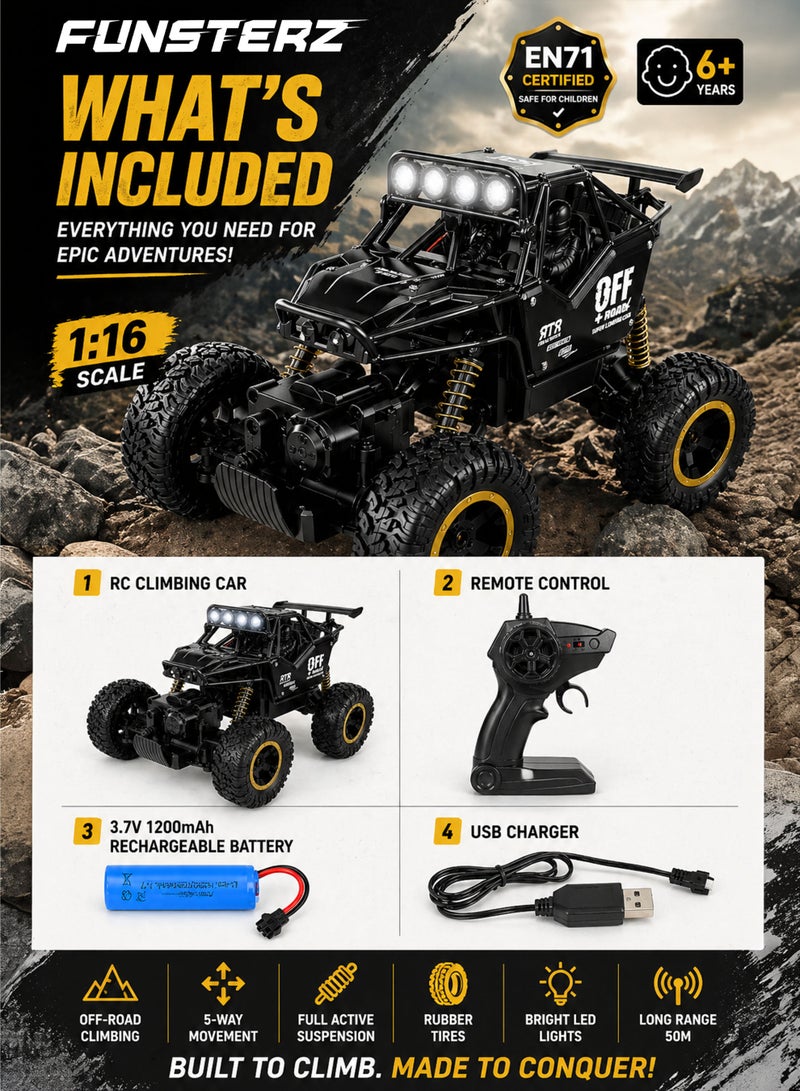 Funsterz 1:16 Scale 5 Way Remote Control Off Road Rock Crawler RC Car for Kids 6+ Black Gold 2.4GHz Rechargeable 4WD Climbing Vehicle with 4 Roof LED Lights Full Active Suspension Rubber Tires Alloy Style Body 3.7V 1200mAh Battery USB Charging 50m Range Outdoor All Terrain Toy - Image 5