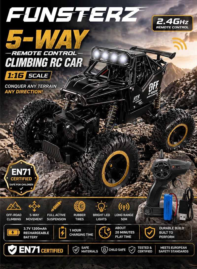 Funsterz 1:16 Scale 5 Way Remote Control Off Road Rock Crawler RC Car for Kids 6+ Black Gold 2.4GHz Rechargeable 4WD Climbing Vehicle with 4 Roof LED Lights Full Active Suspension Rubber Tires Alloy Style Body 3.7V 1200mAh Battery USB Charging 50m Range Outdoor All Terrain Toy - Image 1