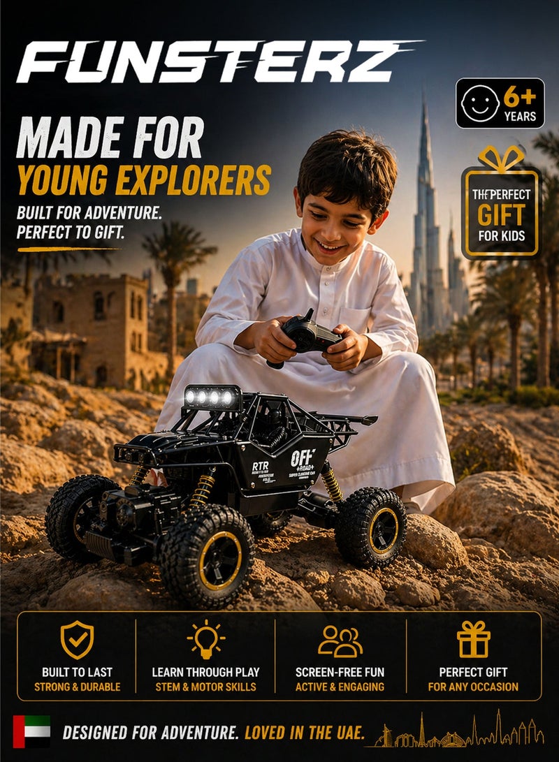 Funsterz 1:16 Scale 5 Way Remote Control Off Road Rock Crawler RC Car for Kids 6+ Black Gold 2.4GHz Rechargeable 4WD Climbing Vehicle with 4 Roof LED Lights Full Active Suspension Rubber Tires Alloy Style Body 3.7V 1200mAh Battery USB Charging 50m Range Outdoor All Terrain Toy - Image 2