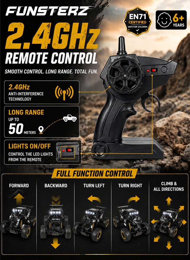 Funsterz 1:16 Scale 5 Way Remote Control Off Road Rock Crawler RC Car for Kids 6+ Black Gold 2.4GHz Rechargeable 4WD Climbing Vehicle with 4 Roof LED Lights Full Active Suspension Rubber Tires Alloy Style Body 3.7V 1200mAh Battery USB Charging 50m Range Outdoor All Terrain Toy - Image 3