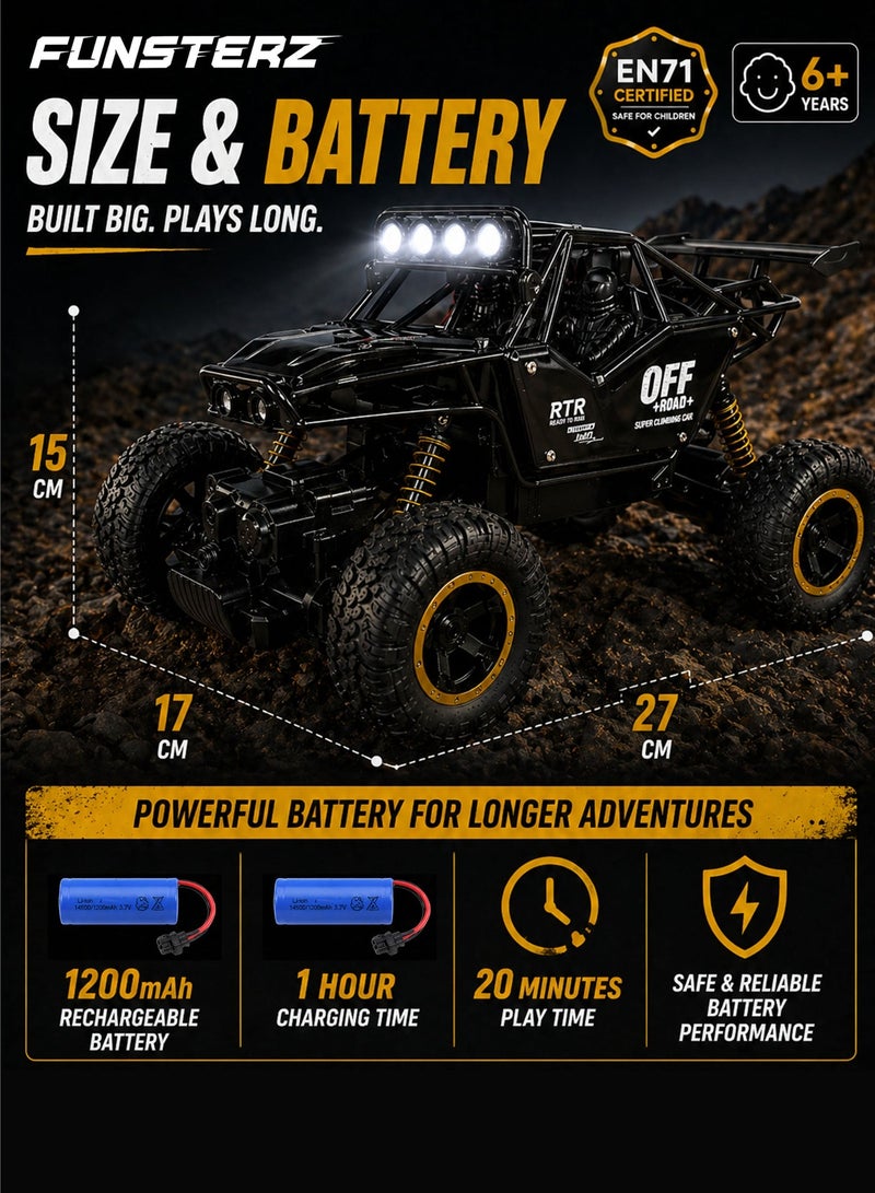 Funsterz 1:16 Scale 5 Way Remote Control Off Road Rock Crawler RC Car for Kids 6+ Black Gold 2.4GHz Rechargeable 4WD Climbing Vehicle with 4 Roof LED Lights Full Active Suspension Rubber Tires Alloy Style Body 3.7V 1200mAh Battery USB Charging 50m Range Outdoor All Terrain Toy - Image 4