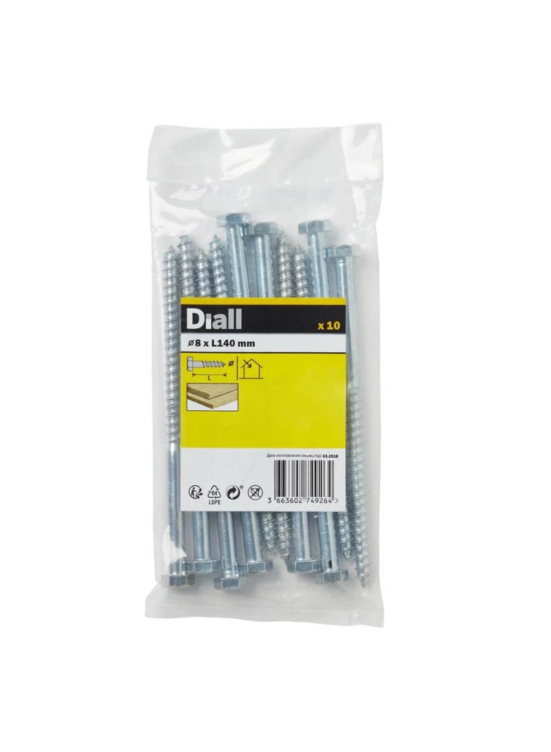 Zinc Plated Carbon Steel Hex Coach Screw Pack 8 X 140 Mm 10 Piece