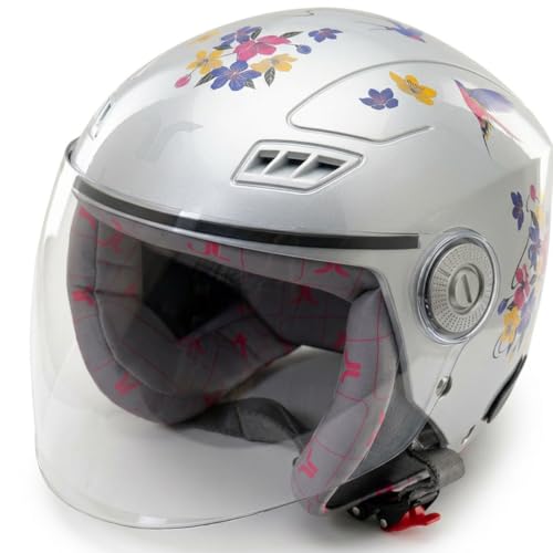 TVARRA Blossom Women’s Open Face Helmet with Printed Design, ISI Certified, Lightweight Material, Crafted for Women, Extreme Comfort fit with Clear Visor-(Indigo Bloom,M) - Image 1