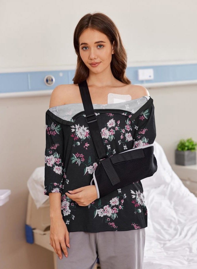 Deyeek Post Shoulder Surgery Shirts for Women Tear Away 3/4 Tops After Rotator Cuff Shirts Chemo Port Adaptive Clothing, Black Print, L - Image 2