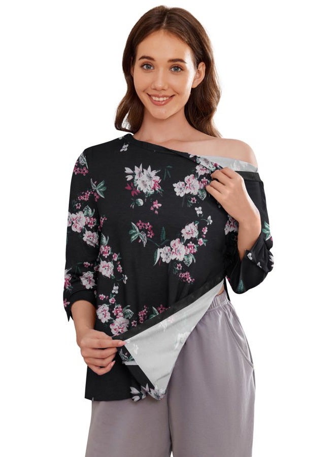 Deyeek Post Shoulder Surgery Shirts for Women Tear Away 3/4 Tops After Rotator Cuff Shirts Chemo Port Adaptive Clothing, Black Print, L - Image 1