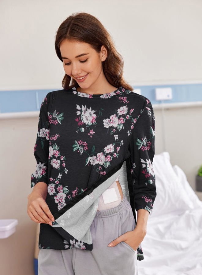 Deyeek Post Shoulder Surgery Shirts for Women Tear Away 3/4 Tops After Rotator Cuff Shirts Chemo Port Adaptive Clothing, Black Print, L - Image 5