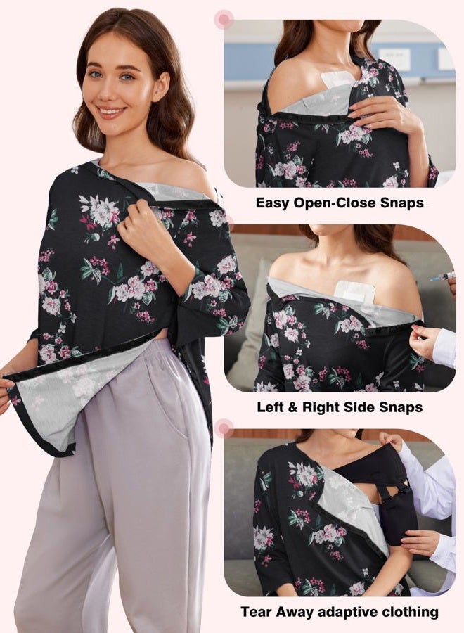 Deyeek Post Shoulder Surgery Shirts for Women Tear Away 3/4 Tops After Rotator Cuff Shirts Chemo Port Adaptive Clothing, Black Print, L - Image 4