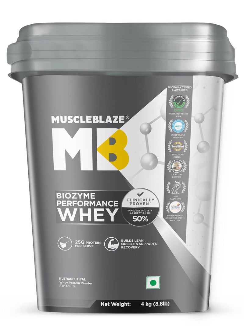مسل بلايز مسحوق بروتين مصل اللبن MuscleBlaze Biozyme Performance، بنكهة الشوكولاتة الغنية (4 كجم / 8.8 رطل) | 25 جم بروتين لكل مكيال | مثبت سريرياً أنه يوفر امتصاصاً للبروتين أعلى بنسبة 50% - Image 1