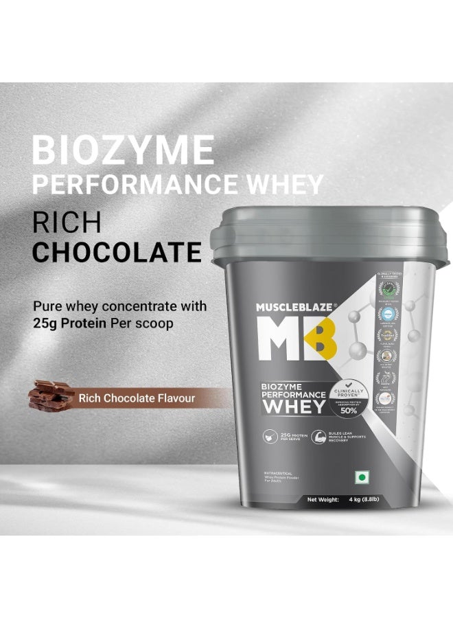 مسل بلايز مسحوق بروتين مصل اللبن MuscleBlaze Biozyme Performance، بنكهة الشوكولاتة الغنية (4 كجم / 8.8 رطل) | 25 جم بروتين لكل مكيال | مثبت سريرياً أنه يوفر امتصاصاً للبروتين أعلى بنسبة 50% - Image 2