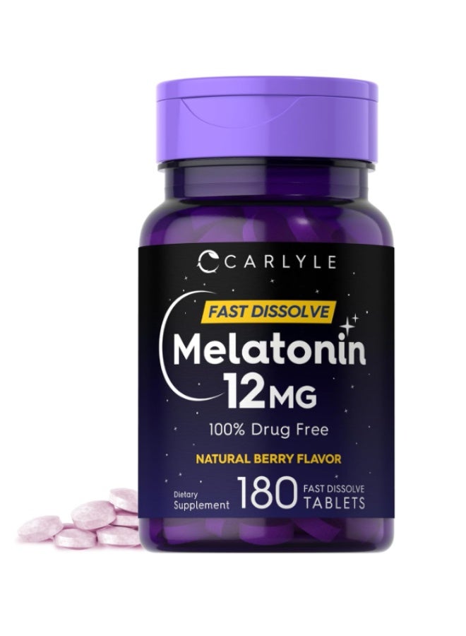 Carlyle Melatonin 12 mg Fast Dissolve 180 Tablets | Drug Free | Natural Berry Flavor | Vegetarian, Non-GMO, Gluten Free