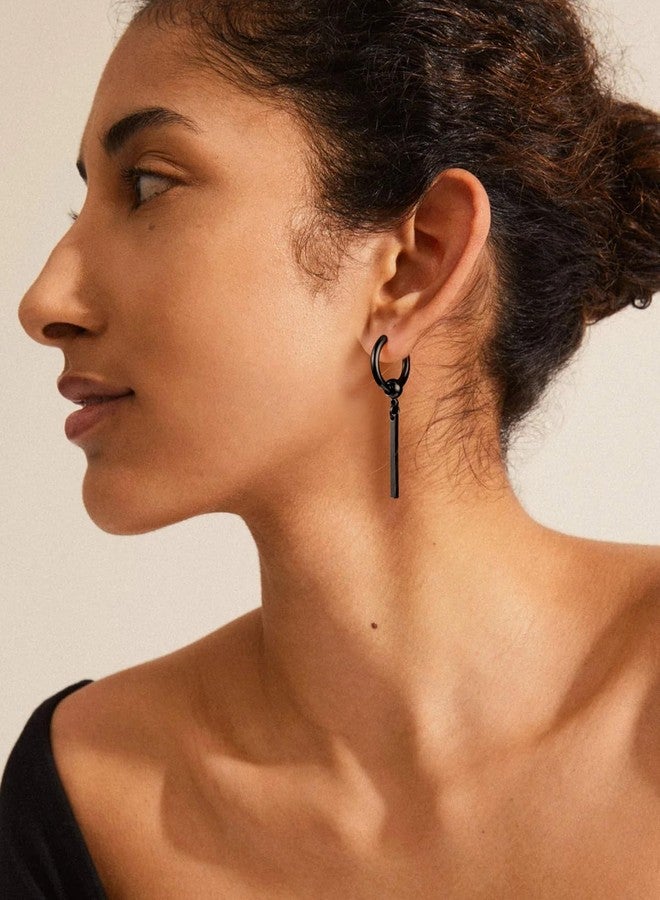 FOCALOOK Black Hoops Gothic Earrings for Women Drop Dangle Long Vertical Bar Earrings - Image 2