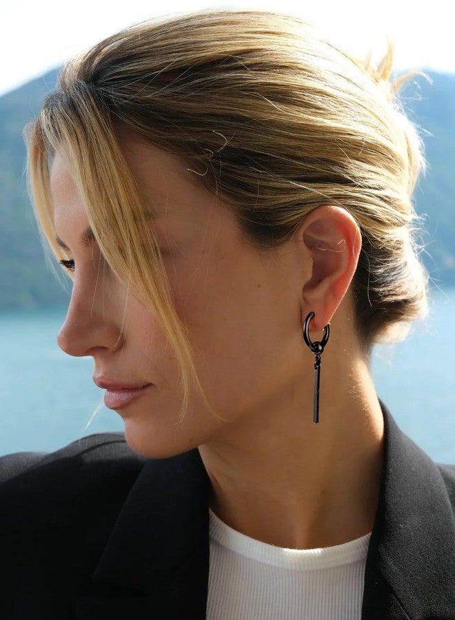 FOCALOOK Black Hoops Gothic Earrings for Women Drop Dangle Long Vertical Bar Earrings - Image 3