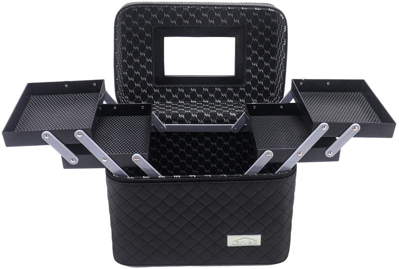 Sooyee Makeup Bag Cosmetic Bags with Mirror, Makeup Organizer 4 Layer Foldable Tray Open to The Sides,Makeup Travel Bag for Women,Makeup Box Train Case,Black - Image 1