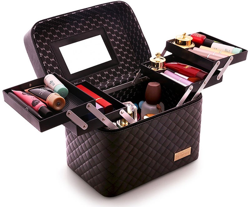 Sooyee Makeup Bag Cosmetic Bags with Mirror, Makeup Organizer 4 Layer Foldable Tray Open to The Sides,Makeup Travel Bag for Women,Makeup Box Train Case,Black - Image 2