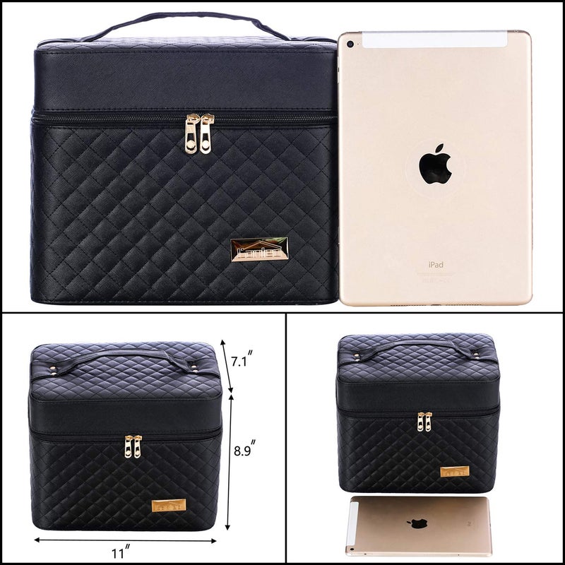 Sooyee Makeup Bag Cosmetic Bags with Mirror, Makeup Organizer 4 Layer Foldable Tray Open to The Sides,Makeup Travel Bag for Women,Makeup Box Train Case,Black - Image 4