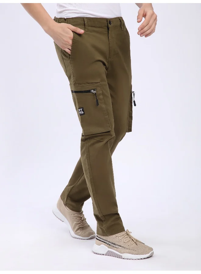 Beyoung Brown Slant Zipper Pocket Cargo Pants for men's