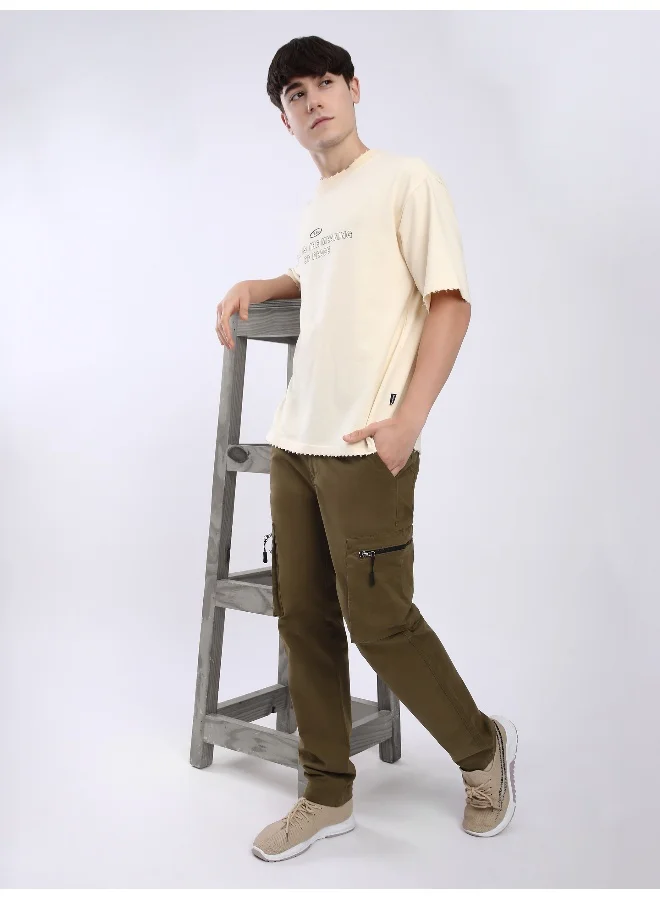 Beyoung Brown Slant Zipper Pocket Cargo Pants for men's