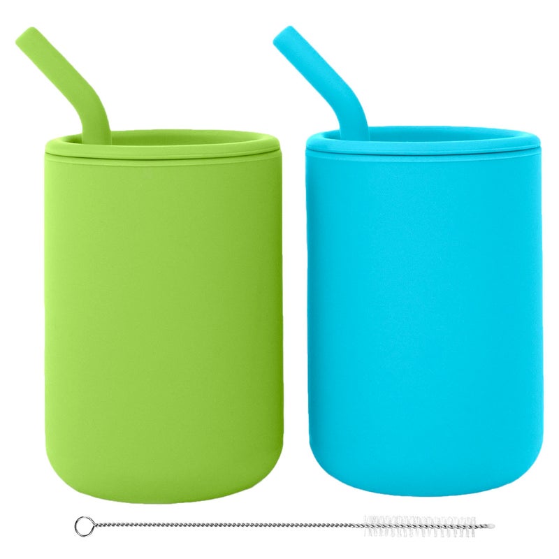 WeeSprout Silicone Baby Cups With Straws and Lids 4 8 oz Options Set of 2 Food Grade Toddler Training Container Built In Straw Stoppers Measurement Markings Dishwasher Safe Straw Cleaner