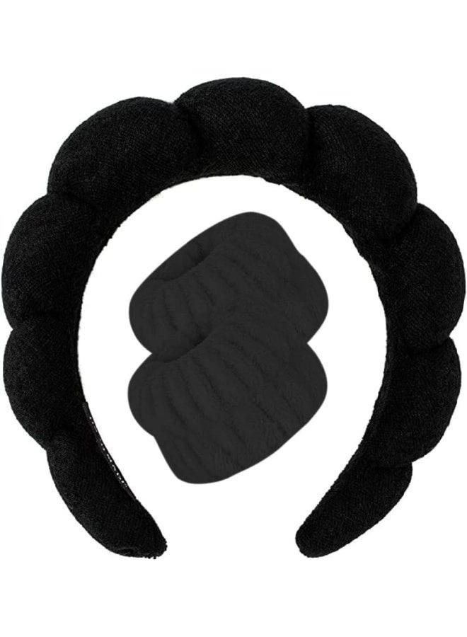 Premify Spa Sponge Headbands & 2 Wristbands Set For Women & Girls, Makeup Removal Headband & Terry Towel Cloth Fabric Hair Band For Washing Face, Skincare, (Black) - Image 1
