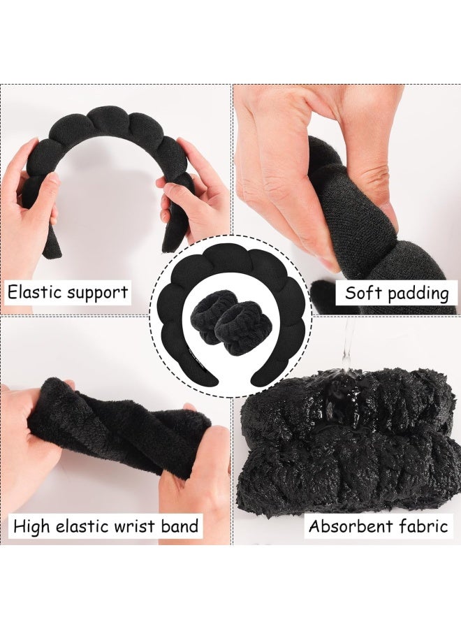 Premify Spa Sponge Headbands & 2 Wristbands Set For Women & Girls, Makeup Removal Headband & Terry Towel Cloth Fabric Hair Band For Washing Face, Skincare, (Black) - Image 4