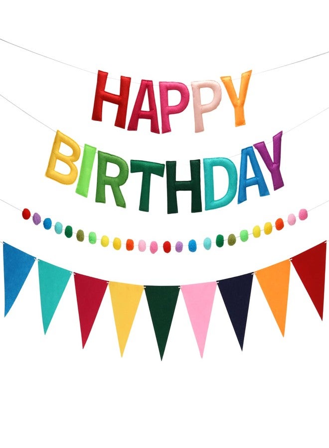 Decorniqu Rainbow 3D Happy Birthday Banner Decorations Reusable Felt Garland Triangle Pennants Ball Garland Rainbow Party Decorations - Image 1