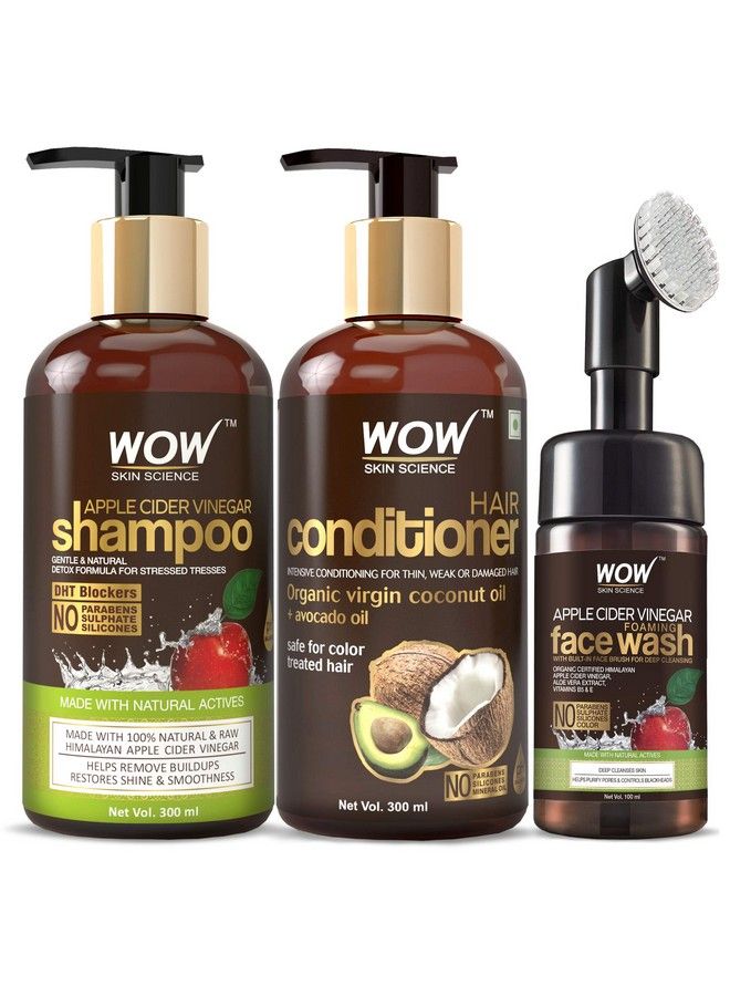 Wow Skin Science Apple Cider Vinegar Shampoo With Wow Skin Science Coconut & Avocado Hair Conditioner & Wow Skin Science Apple Cider Vinegar Face Wash With Inbuilt Brush Kit