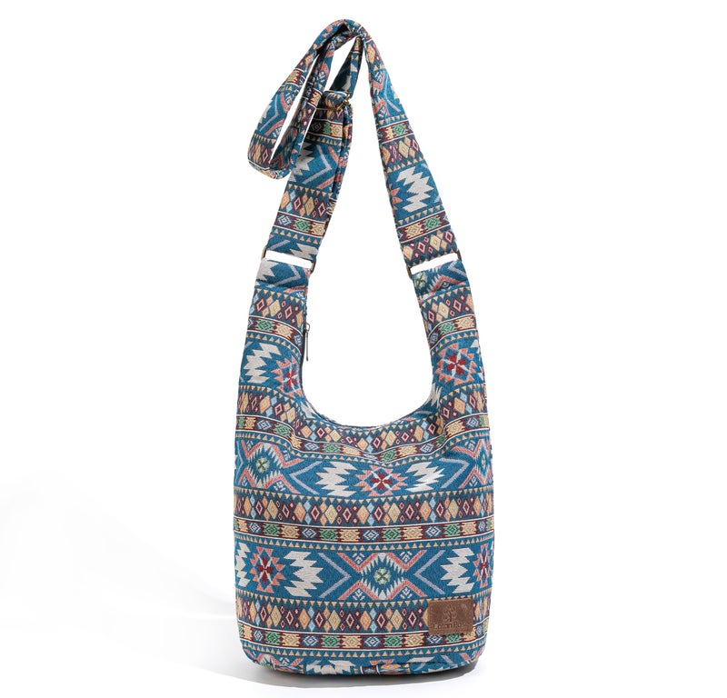 Coton Pose Women Hippie Crossbody Bag Top Zip Large capacity Canvas Sling Bag Jacquard cloth Handmade Bags (Boho blue) - Image 1