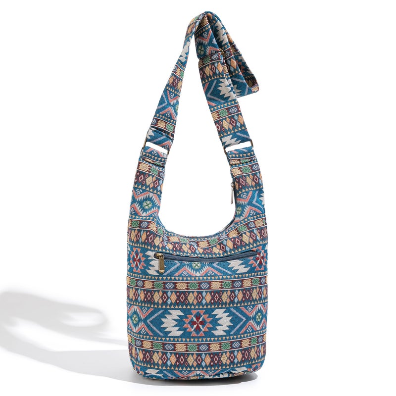 Coton Pose Women Hippie Crossbody Bag Top Zip Large capacity Canvas Sling Bag Jacquard cloth Handmade Bags (Boho blue) - Image 3