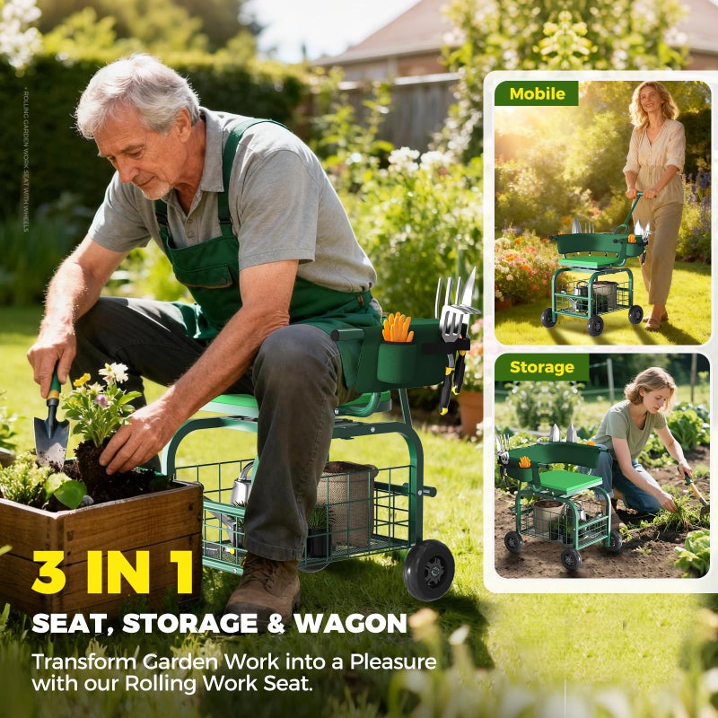 Suntee Garden Seat with Wheels, Rolling Gardening Stool with 360Â° Swivel Seat & Backrest,Tool Storage Basket & Back Tool Pouch, Adjustable Handle, Outdoor Gardening Scooter, Garden Cart for Seniors - Image 2