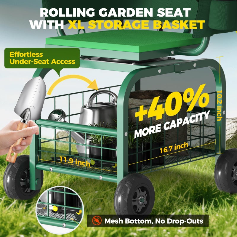Suntee Garden Seat with Wheels, Rolling Gardening Stool with 360Â° Swivel Seat & Backrest,Tool Storage Basket & Back Tool Pouch, Adjustable Handle, Outdoor Gardening Scooter, Garden Cart for Seniors - Image 4