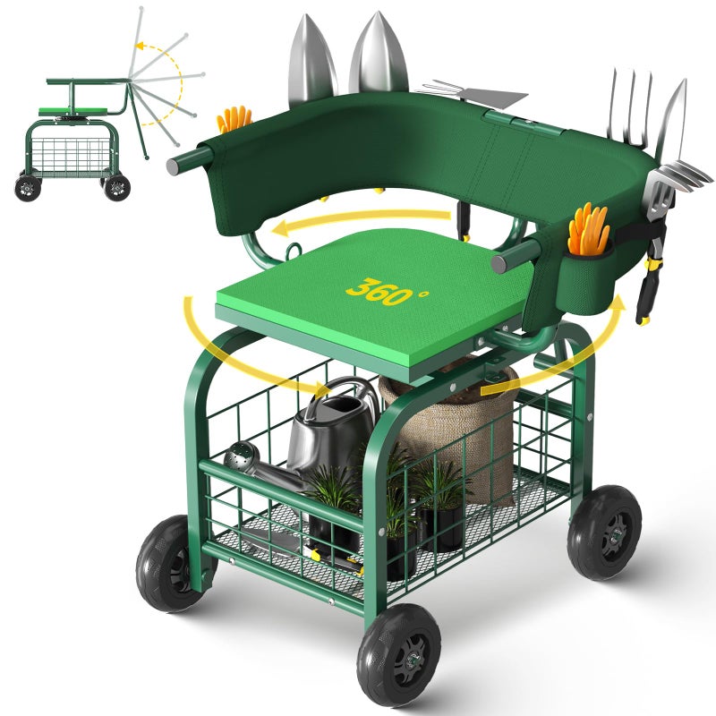 Suntee Garden Seat with Wheels, Rolling Gardening Stool with 360Â° Swivel Seat & Backrest,Tool Storage Basket & Back Tool Pouch, Adjustable Handle, Outdoor Gardening Scooter, Garden Cart for Seniors - Image 1