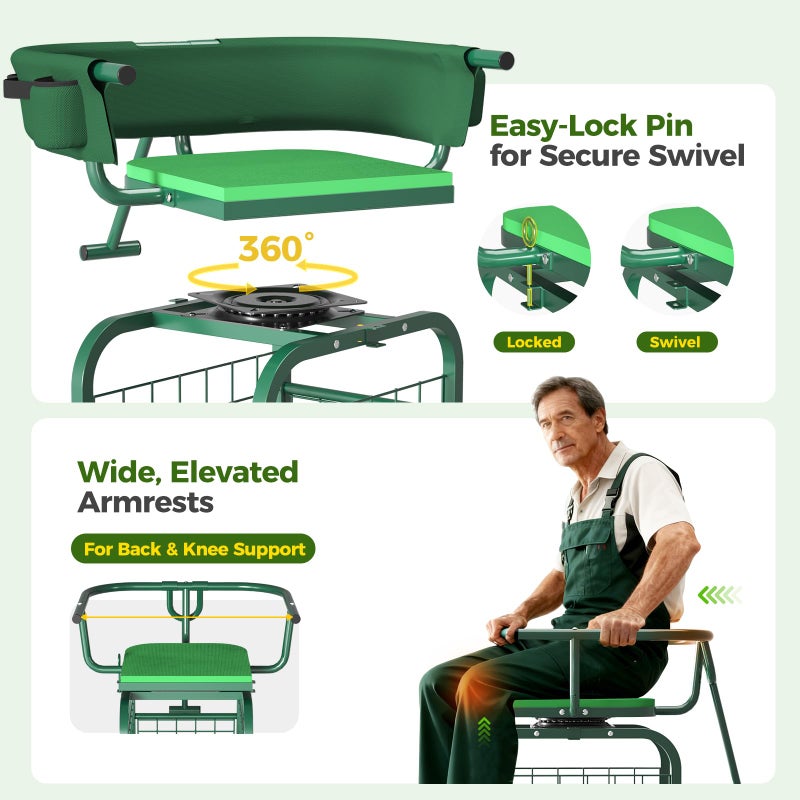 Suntee Garden Seat with Wheels, Rolling Gardening Stool with 360Â° Swivel Seat & Backrest,Tool Storage Basket & Back Tool Pouch, Adjustable Handle, Outdoor Gardening Scooter, Garden Cart for Seniors - Image 3