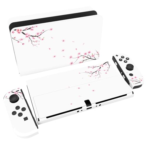 PlayVital Full Set Protective Stickers for Nintendo Switch OLED Model, Customized Vinyl Decal Skins for Switch OLED Console & Joycon & Dock & Grip - Falling Cherry Blossom - Image 1