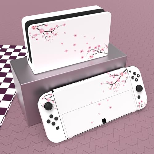 PlayVital Full Set Protective Stickers for Nintendo Switch OLED Model, Customized Vinyl Decal Skins for Switch OLED Console & Joycon & Dock & Grip - Falling Cherry Blossom - Image 2