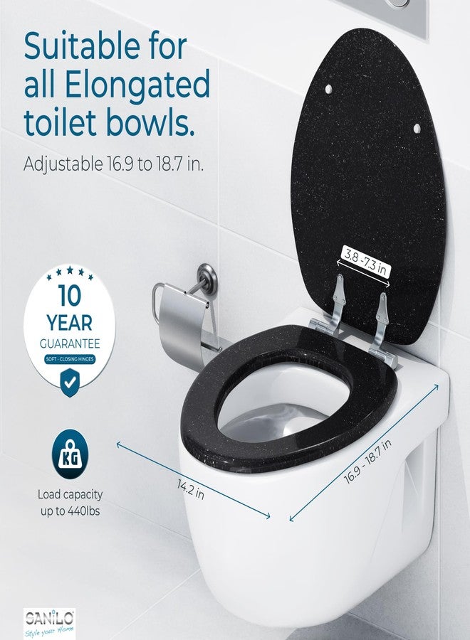 SANILO Wooden Toilet Seat with Soft Close [ELONGATED] - Decorative, Quiet & Slow Close Molded Wood Seat - With Strong Bumpers & Hinges - Adjustable Fit - Glittering Black - Image 4