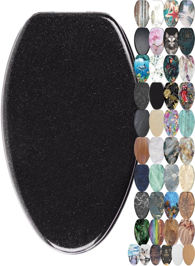 SANILO Wooden Toilet Seat with Soft Close [ELONGATED] - Decorative, Quiet & Slow Close Molded Wood Seat - With Strong Bumpers & Hinges - Adjustable Fit - Glittering Black - Image 1