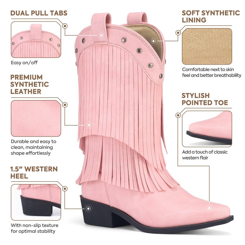 Rollda Girls Cowboy Boots with Tassel, Fringe Cowgirl Boots, Snip Toe, TPR Outsole, Kids Western Boots Stylish & Comfortable for All-Seasons, Toddler/Little Kid/Big Kid Pink Size 3 - Image 5