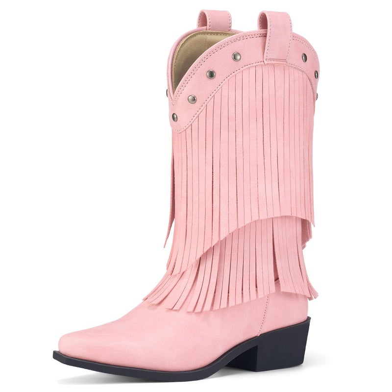 Rollda Girls Cowboy Boots with Tassel, Fringe Cowgirl Boots, Snip Toe, TPR Outsole, Kids Western Boots Stylish & Comfortable for All-Seasons, Toddler/Little Kid/Big Kid Pink Size 3 - Image 1