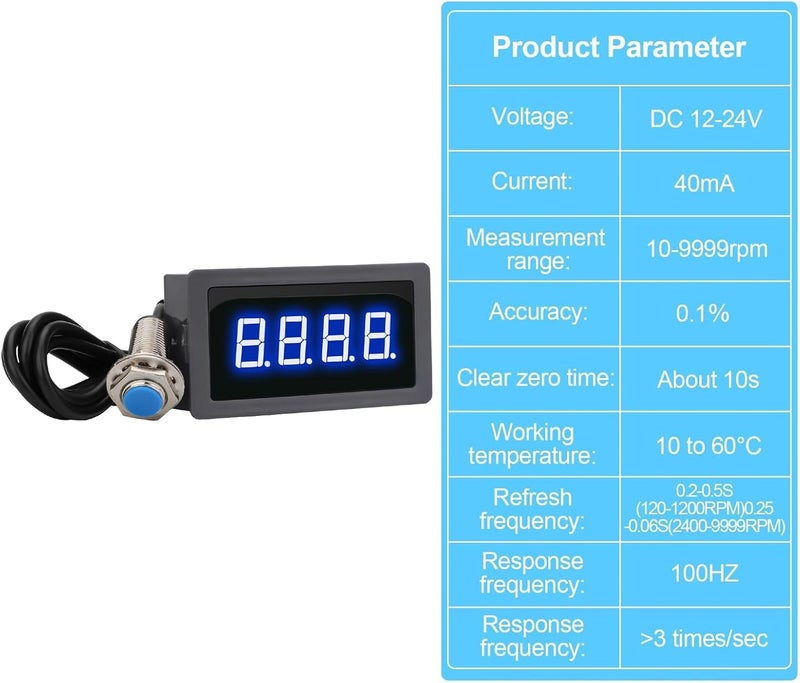 EEEKit 4 Digital Blue LED Tachometer, RPM Speed Meter Digital Motor with Hall Proximity Switch Sensor NPN for Conveyor Belts - Image 1