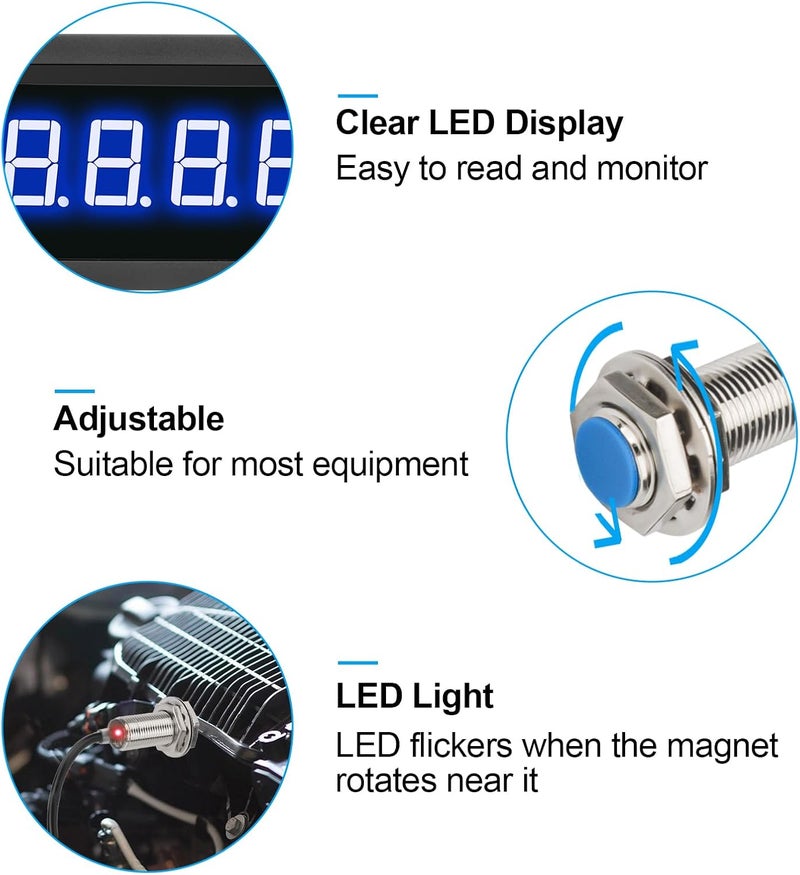 EEEKit 4 Digital Blue LED Tachometer, RPM Speed Meter Digital Motor with Hall Proximity Switch Sensor NPN for Conveyor Belts - Image 2