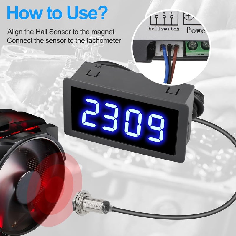 EEEKit 4 Digital Blue LED Tachometer, RPM Speed Meter Digital Motor with Hall Proximity Switch Sensor NPN for Conveyor Belts - Image 4