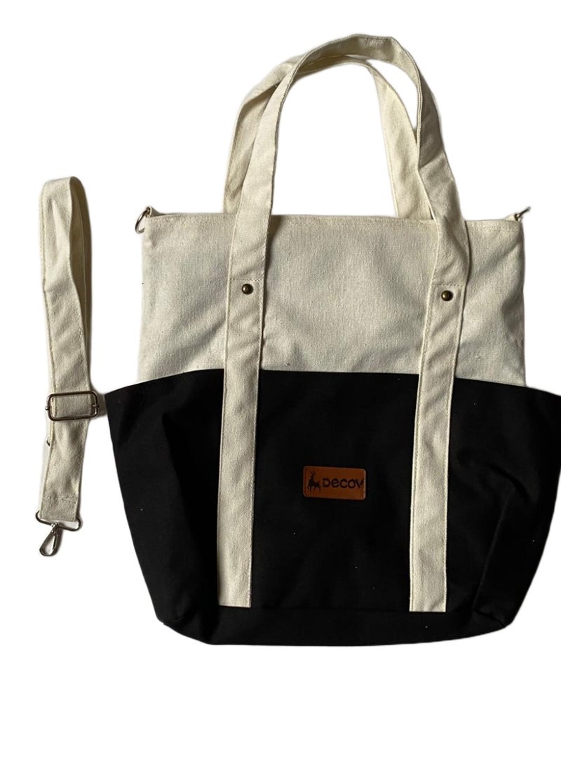 DECOV Canvas Tote Bag, Two-Tone Black and Beige, Adjustable Shoulder Strap