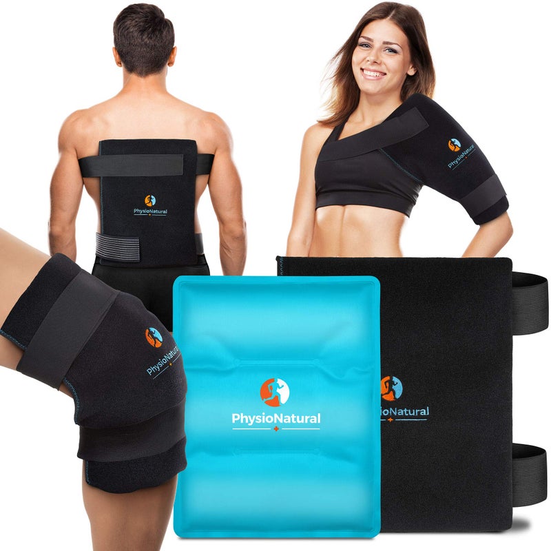 PhysioNatural Universal Large Flexible Gel Ice Pack & Wrap - Cold Therapy for Your HIPS, Shoulders, Elbow, Back, Knees â€“ Instant Pain Relief for Injuries, Recovery, Swelling, Aches, Arthritis, Bruises & Sprains - Image 1