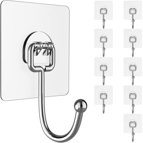 Latoxcaa Large Hooks for Hanging Heavy-Duty 44Ib(Max) 10 Packs, Wall Hangers without Nails Self-Adhesive Traceless Clear and Removable, Waterproof and Rustproof Multiple Uses for Bathroom Kitchen Home - Image 1