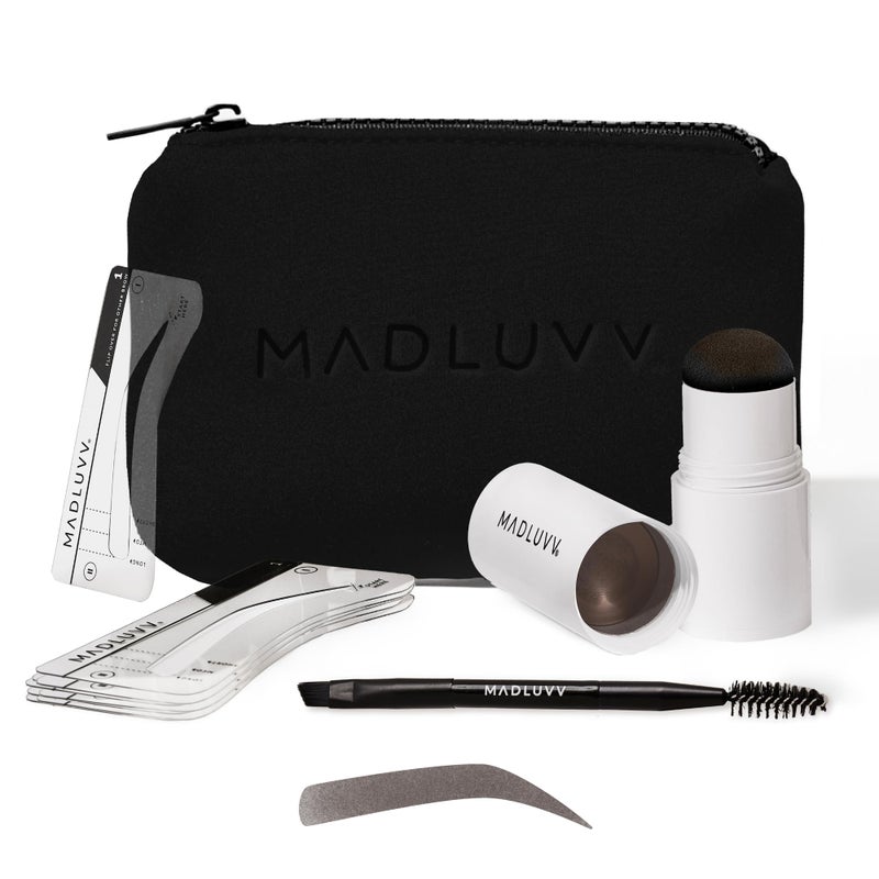 MADLUVV Brow Stamp Kit with Brow Stencils â€“ Easy Eyebrow Shaper for Natural-Looking Brows â€“ Popular Eyebrow Stencil Kit Used by Professionals â€“ 9 Shapes, Spoolie, Travel Bag & Stamp (Dark Brown) - Image 1