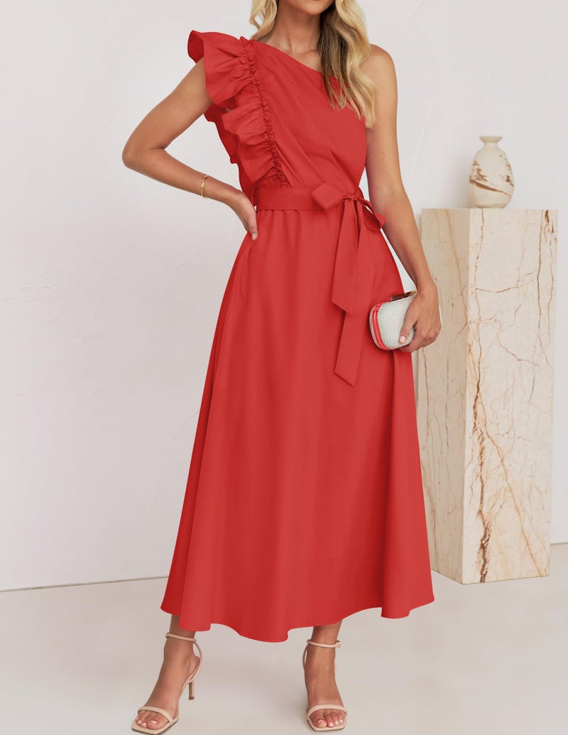 ZESICA ZESICA Women's 2025 Summer One Shoulder Ruffle Dress Sleeveless Empire Waist Boho Flowy Maxi Dresses,Watermelonred,Small  - Image 2