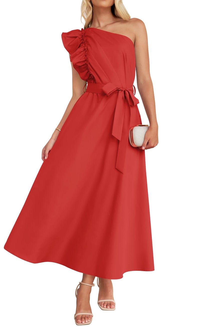 ZESICA ZESICA Women's 2025 Summer One Shoulder Ruffle Dress Sleeveless Empire Waist Boho Flowy Maxi Dresses,Watermelonred,Small  - Image 1