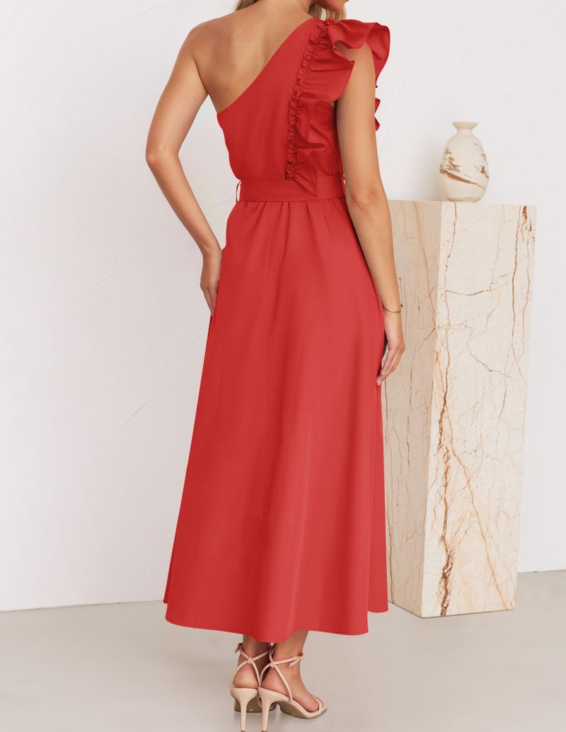 ZESICA ZESICA Women's 2025 Summer One Shoulder Ruffle Dress Sleeveless Empire Waist Boho Flowy Maxi Dresses,Watermelonred,Small  - Image 5