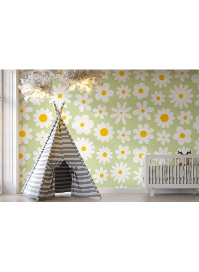Home Gallery Groovy Daisy Flowers Vintage 70S Style Background Fabric Wallpaper Covers An Area ​​Up To 4.2Mx3M With Adhesive  And Smoothing Tool - Image 2