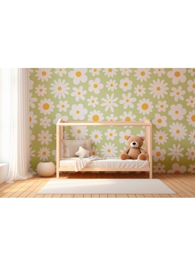 Home Gallery Groovy Daisy Flowers Vintage 70S Style Background Fabric Wallpaper Covers An Area ​​Up To 4.2Mx3M With Adhesive  And Smoothing Tool - Image 5
